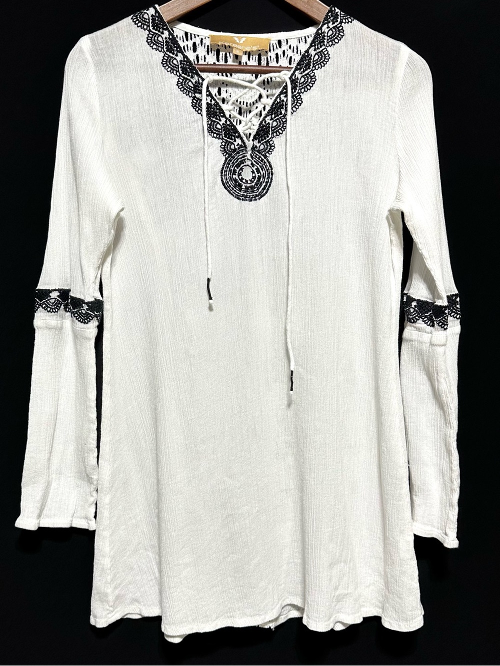 Boho Peasant Cotton Tunic Lace Up Crochet Folk Poetcore Renaissance Top S